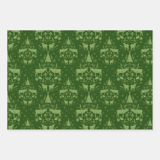 Winterwalddamast mit Rentierbäumen und Tannenbäume Geschenkpapier Set (Vorderseite 2)