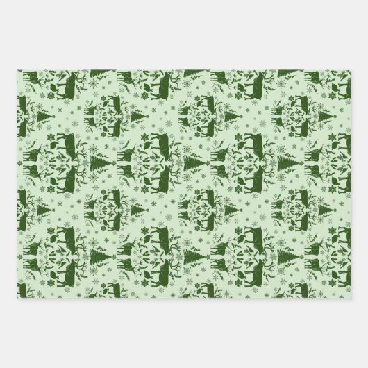 Winterwalddamast mit Rentierbäumen und Tannenbäume Geschenkpapier Set (Vorderseite)