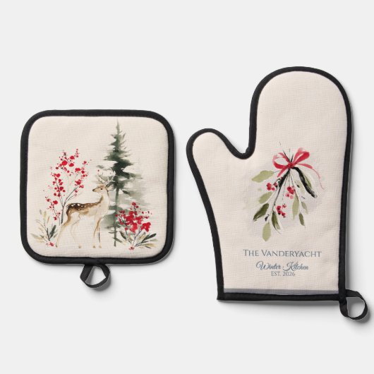 Winterwaldhirsche & Mistelzweig Ofenhandschuh & Topflappen-Set (Vorderseite)