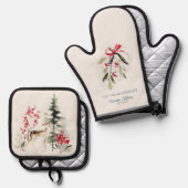 Winterwaldhirsche & Mistelzweig Ofenhandschuh & Topflappen-Set (Vorderseite/Rückseite)
