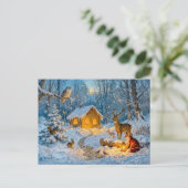 Winterwaldhütte mit Hirsch, Fuchs und Eule – Fäche Postkarte (Stehend Vorderseite)