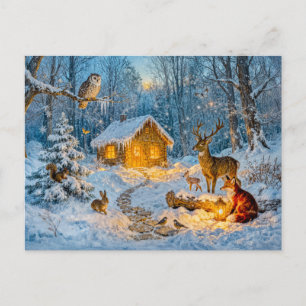 Winterwaldhütte mit Hirsch, Fuchs und Eule – Fäche Postkarte