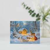 Winterwaldhütte mit Hirsch, Fuchs und Eule – Fäche Postkarte (Stehend Vorderseite)