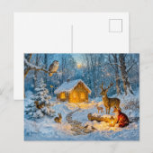 Winterwaldhütte mit Hirsch, Fuchs und Eule – Fäche Postkarte (Vorne/Hinten)