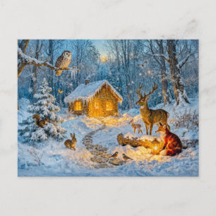 Winterwaldhütte mit Hirsch, Fuchs und Eule – Fäche Postkarte