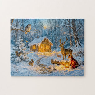 Winterwaldhütte mit Hirsch, Fuchs und Eule – Venti Puzzle