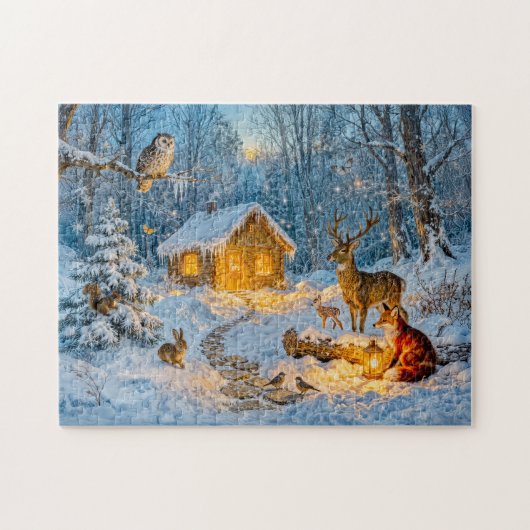 Winterwaldhütte mit Hirsch, Fuchs und Eule – Venti Puzzle (Horizontal)
