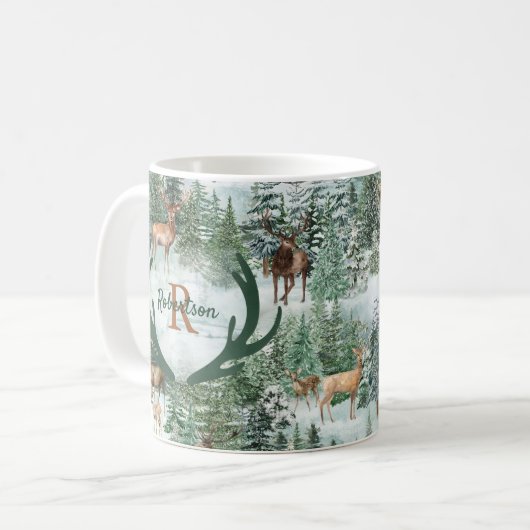Winterwaldland Hirsch Weihnachtsmonogramm Kaffeetasse (Vorderseite Links)