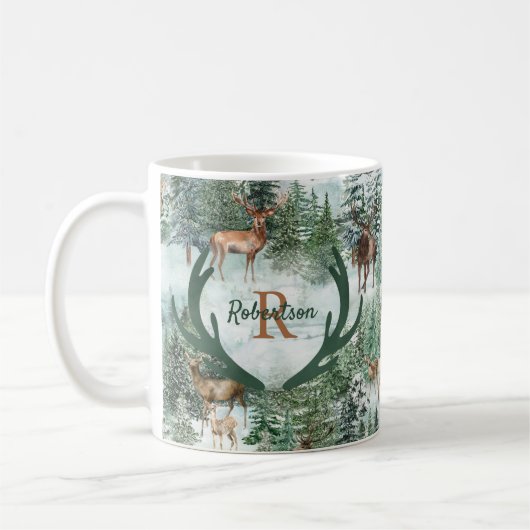 Winterwaldland Hirsch Weihnachtsmonogramm Kaffeetasse (Links)