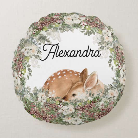 Winterwaldland Hirsch Wild Rundes Kissen (Vorderseite)