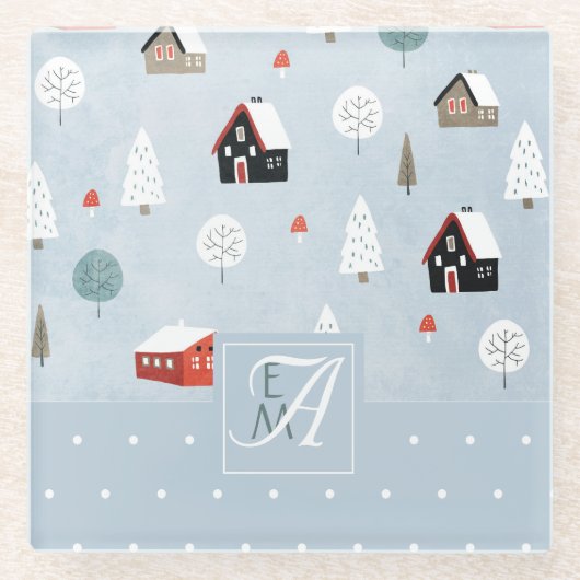 Winterwaldlandskandinavisches Mit Monogramm Dekor Glasuntersetzer (Vorderseite)