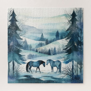Winterwaldpferde Reitpferde Blau Puzzle