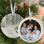 Winterwaldsee Wasserfarbenes Personalisiertes Foto Keramik Ornament<br><div class="desc">Foto Weihnachtsschmuck, die Sie für Nana und Granddad oder für alle anderen personalisieren können! Das Design hat eine elegante Aquarellszene auf einer Seite eines Winterwaldsees und einer Ente. Die andere Seite hat Ihr Foto und Ihre Namen oder einen anderen benutzerdefinierten Text. Die Fotovorlage zeigt Ihr Foto im runden Format an....</div>