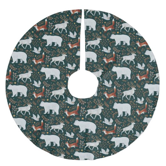 Winterwaldtiere Dunkelgrüner Baumrock Polyester Weihnachtsbaumdecke (Vorderseite)