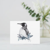 Winterwasserfarbe eines Pinguins mit Blume Postkarte (Stehend Vorderseite)