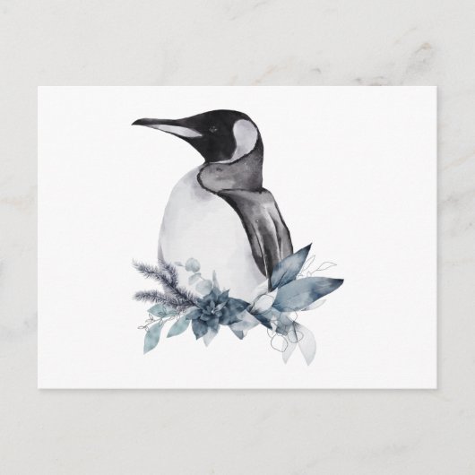 Winterwasserfarbe eines Pinguins mit Blume Postkarte (Vorderseite)