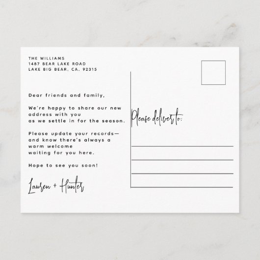 Winterweihnachtsbaum Rustikaler Neuer Zuhause Urla Ankündigungspostkarte (Rückseite)