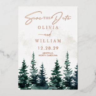 Winterweihnachtsbäume Save the Date Urlaub Folieneinladung