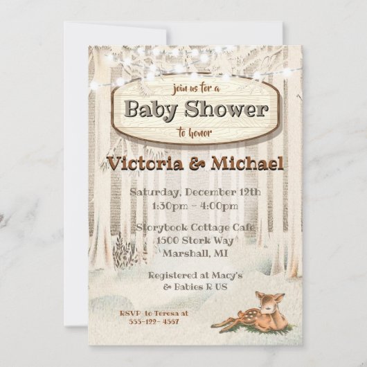 Winterweihnachtsdusche Woodland Deer Baby Einladung (Vorderseite)