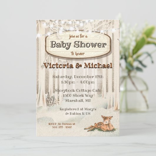 Winterweihnachtsdusche Woodland Deer Baby Einladung (Stehend Vorderseite)