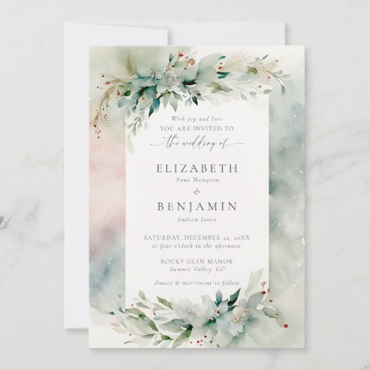 Winterweihnachtsfest Wasserfarben Hochzeitsfeier Einladung (Vorderseite)
