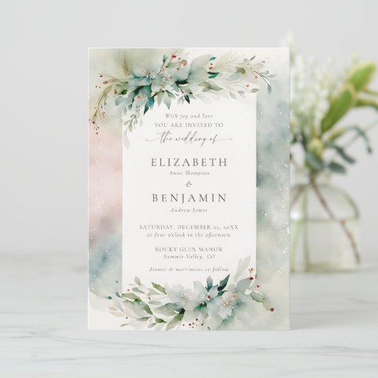 Winterweihnachtsfest Wasserfarben Hochzeitsfeier Einladung (Stehend Vorderseite)