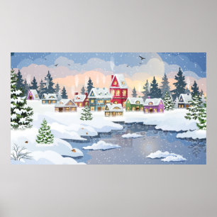 Winterweihnachtslandschaft mit schneebedecktem Hau Poster