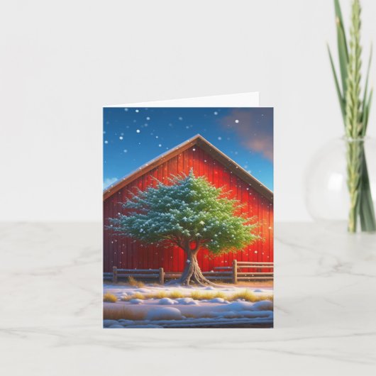 Winterweihnachtszene mit Roter Scheune Feiertagskarte (Vorderseite)
