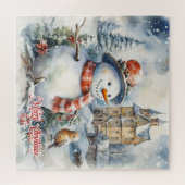 Winterweihnachtszene mit Schneemann im Schneewald Puzzle (Horizontal)