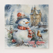 Winterweihnachtszene mit Schneemann im Schneewald Puzzle (Vertikal)