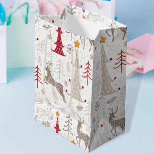 Winterweiß, Weihnachtsbaum und Hirsch Mittlere Geschenktüte