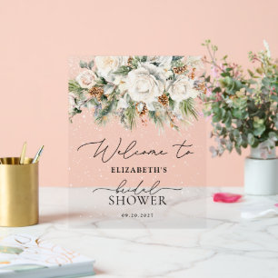 Winterweiße Blumen Elegantes Brautparty Willkommen Acrylschild