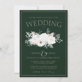 Winterweiße Blumen und grüne Weihnachtsfeier Einladung (Vorderseite)