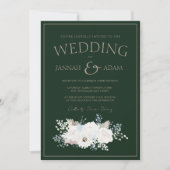 Winterweiße Blumen und grüne Weihnachtsfeier Einladung (Vorderseite)