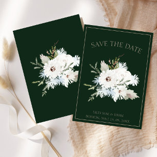 Winterweiße Blumen und grüne Weihnachtsfeier Save The Date