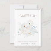 Winterweiße Blüte und Taupe Weihnachten Hochzeit Dankeskarte (Vorderseite)