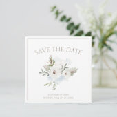 Winterweiße Blüte und Taupe Weihnachten Hochzeit Save The Date (Stehend Vorderseite)