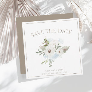 Winterweiße Blüte und Taupe Weihnachten Hochzeit Save The Date