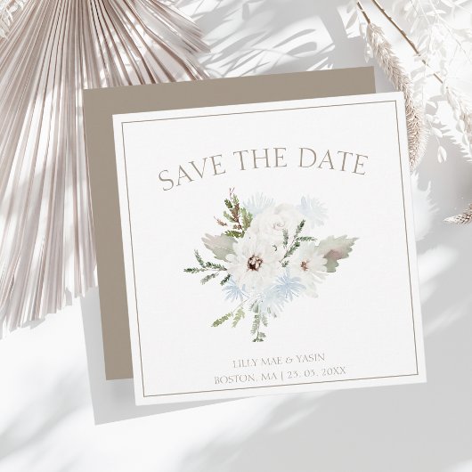 Winterweiße Blüte und Taupe Weihnachten Hochzeit Save The Date
