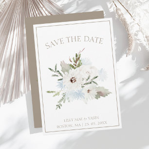 Winterweiße Blüte und Taupe Weihnachten Hochzeit Save The Date