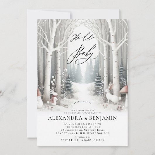 Winterweiße Kaninchen Chic Coed Neutral Baby Dusch Einladung (Vorderseite)