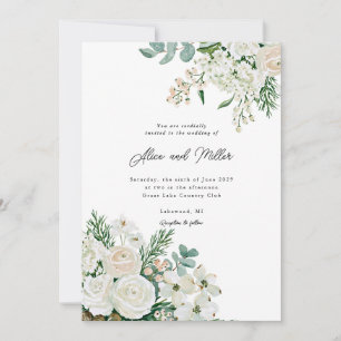 Winterweiße Rosen, Hartriegel und Fichten-Hochzeit Einladung