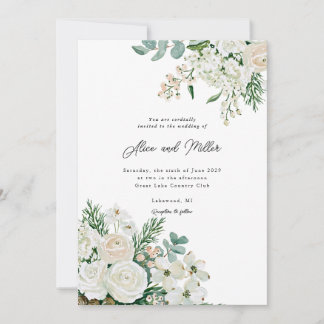 Winterweiße Rosen, Hartriegel und Fichten-Hochzeit Einladung