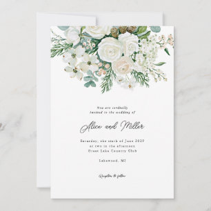 Winterweiße Rosen, Hartriegel und Fichten-Hochzeit Einladung
