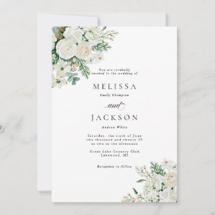 Winterweiße Rosen, Hartriegel und Fichten-Hochzeit Einladung