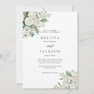 Winterweiße Rosen, Hartriegel und Fichten-Hochzeit Einladung
