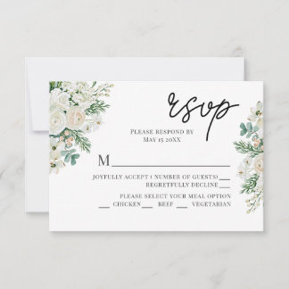 Winterweiße Rosen, Hartriegel und Fichten-Hochzeit RSVP Karte