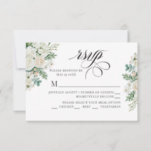 Winterweiße Rosen, Hartriegel und Fichten-Hochzeit RSVP Karte