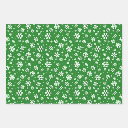 Winterweiße Schneeflocken in grün rot und blau Geschenkpapier Set (Vorderseite)