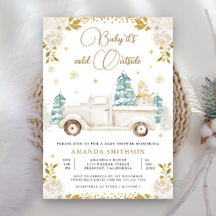 Winterweißes Gold Florales Lastwagen-Schneemann-Ba Einladung